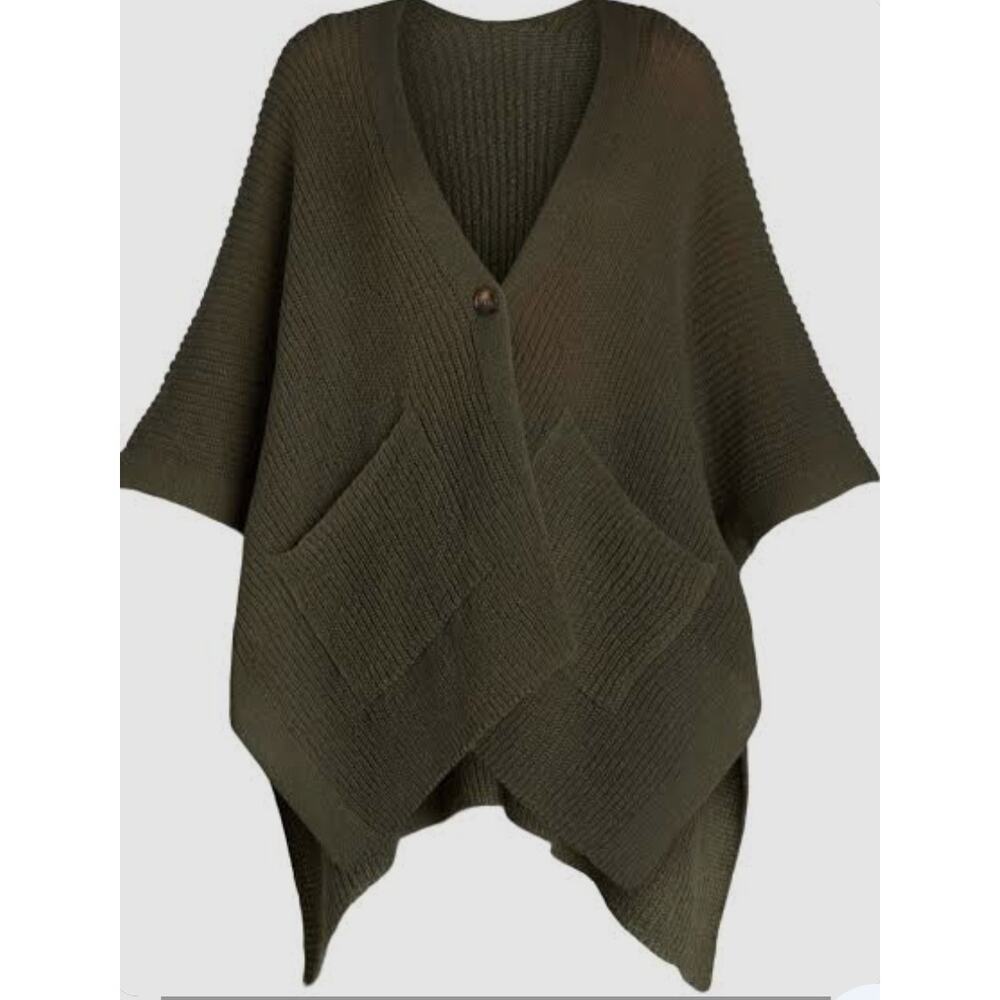 Time and Tru Rib Knit Ruana Cardigan One Button, One Size, Olive Green - Picture 2 of 6